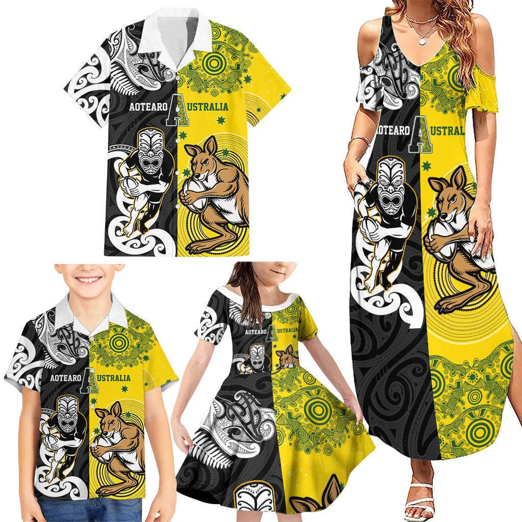 Aotearoa New Zealand and Australia Rugby Personalized Family Matching Summer Maxi Dress and Hawaiian Shirt Maori Koru and Aboriginal Dot Art Cultural Heritage LT03 - Polynesian Pride
