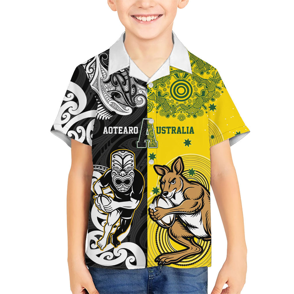 Aotearoa New Zealand and Australia Rugby Personalized Kid Hawaiian Shirt Maori Koru and Aboriginal Dot Art Cultural Heritage LT03 Kid Multicolor - Polynesian Pride