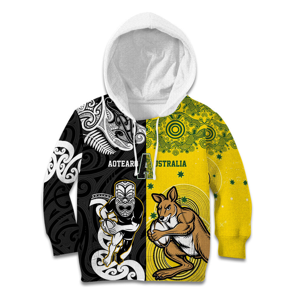 Aotearoa New Zealand and Australia Rugby Personalized Kid Hoodie Maori Koru and Aboriginal Dot Art Cultural Heritage LT03 Hoodie Multicolor - Polynesian Pride