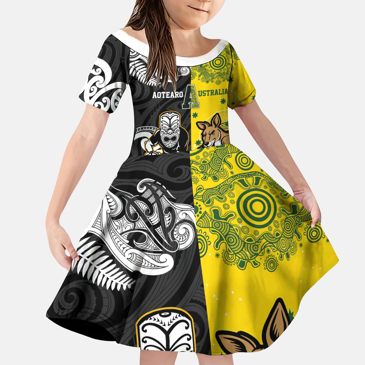 Aotearoa New Zealand and Australia Rugby Personalized Kid Short Sleeve Dress Maori Koru and Aboriginal Dot Art Cultural Heritage LT03 KID Multicolor - Polynesian Pride