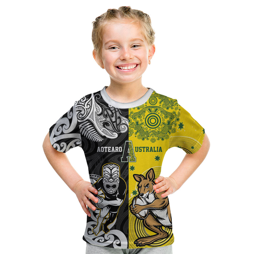 Aotearoa New Zealand and Australia Rugby Personalized Kid T Shirt Maori Koru and Aboriginal Dot Art Cultural Heritage LT03 Multicolor - Polynesian Pride