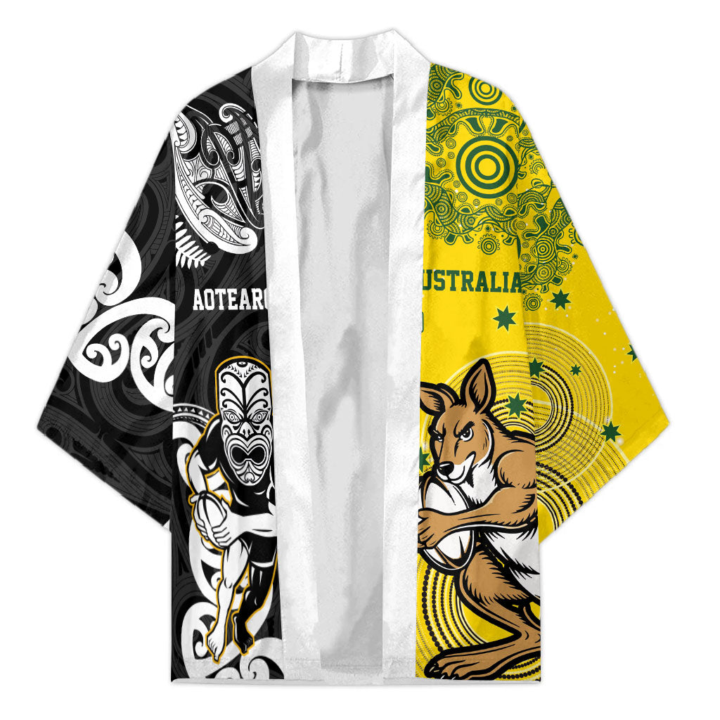 Aotearoa New Zealand and Australia Rugby Personalized Kimono Maori Koru and Aboriginal Dot Art Cultural Heritage LT03 Unisex Multicolor - Polynesian Pride