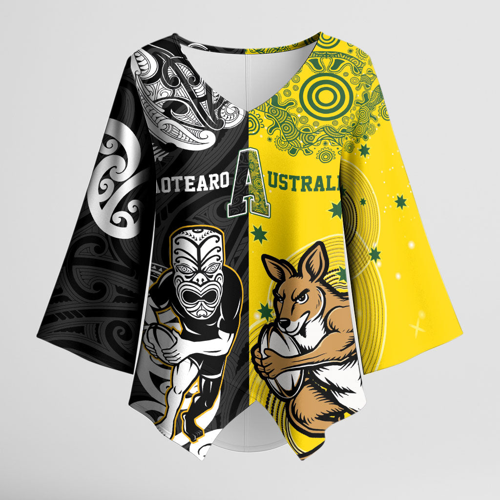 Aotearoa New Zealand and Australia Rugby Personalized Kimono Sleeve Blouse Maori Koru and Aboriginal Dot Art Cultural Heritage LT03 Female Multicolor - Polynesian Pride