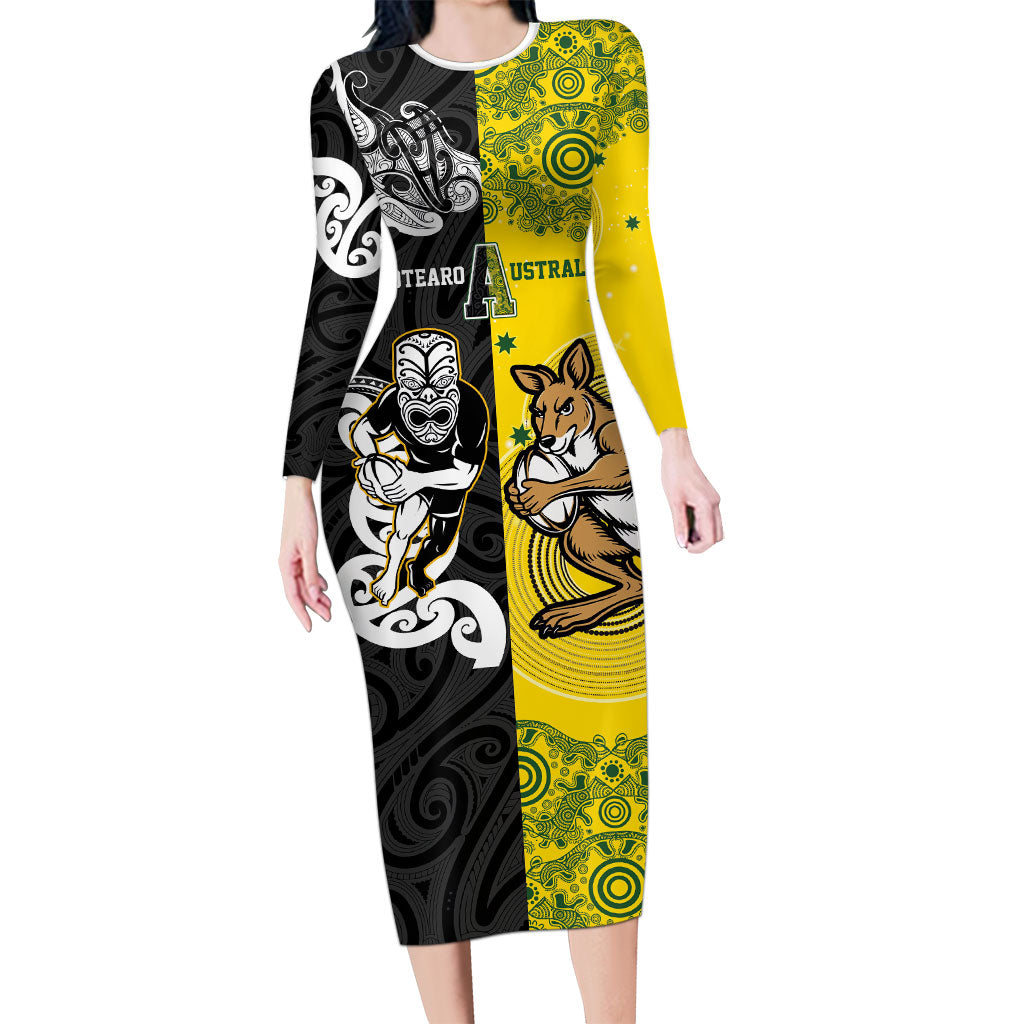 Aotearoa New Zealand and Australia Rugby Personalized Long Sleeve Bodycon Dress Maori Koru and Aboriginal Dot Art Cultural Heritage LT03 Long Dress Multicolor - Polynesian Pride