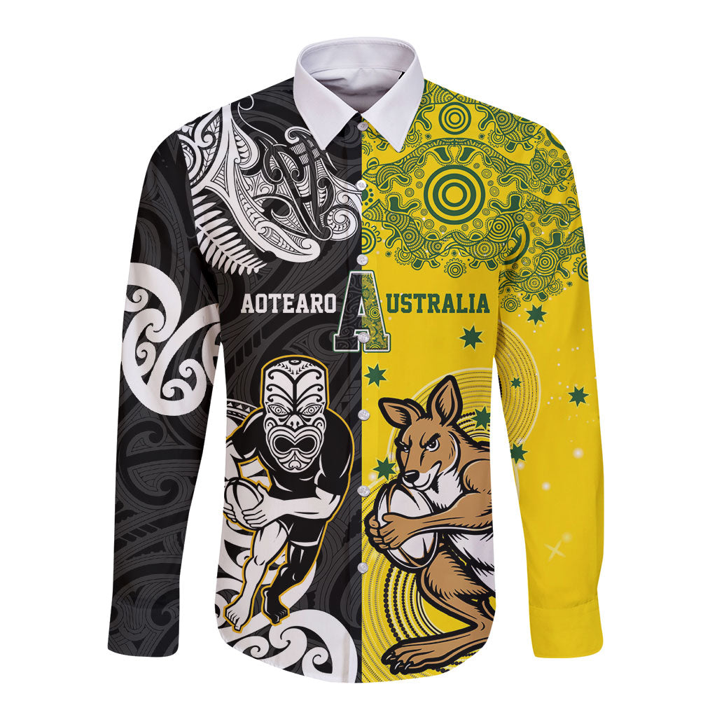 Aotearoa New Zealand and Australia Rugby Personalized Long Sleeve Button Shirt Maori Koru and Aboriginal Dot Art Cultural Heritage LT03 Unisex Multicolor - Polynesian Pride