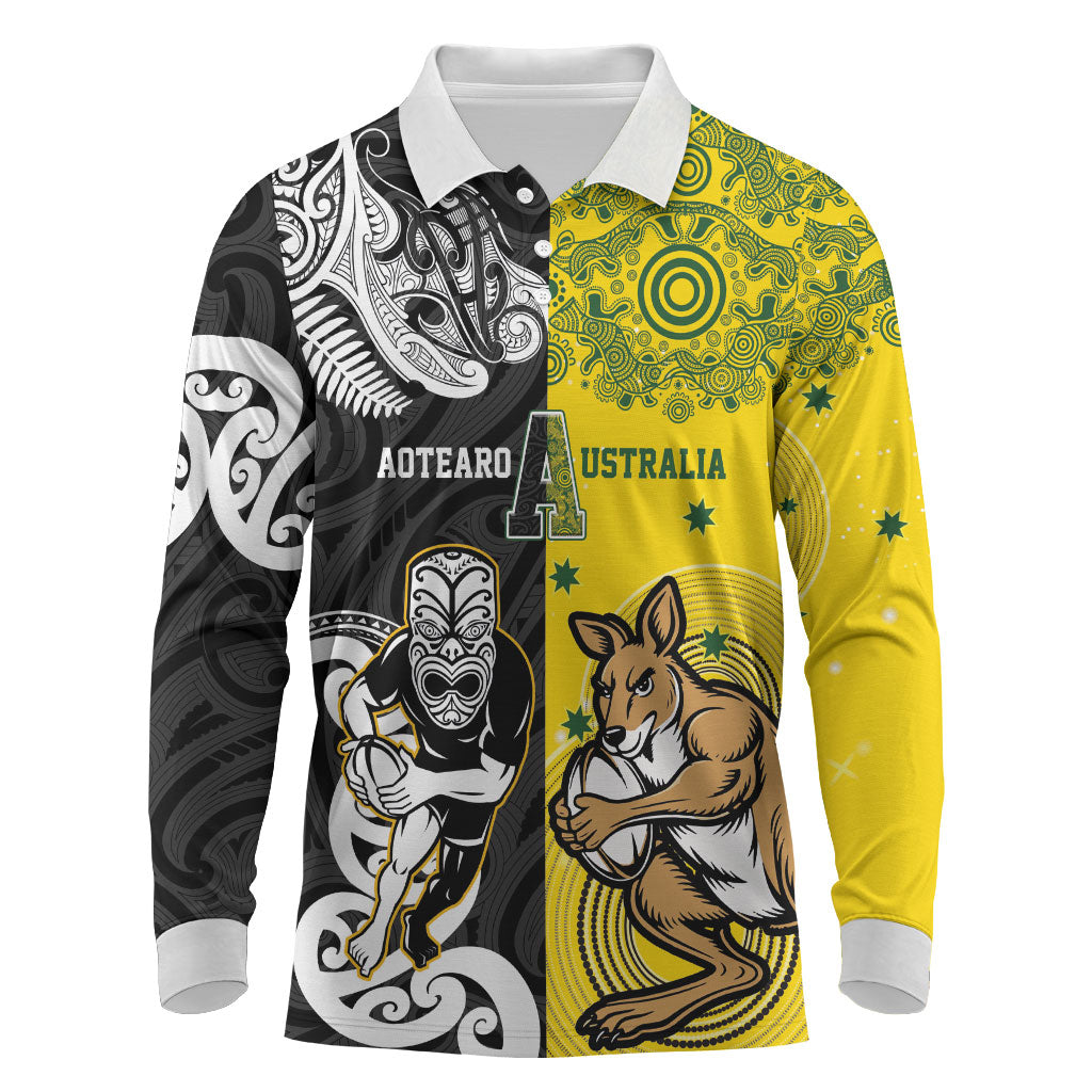 Aotearoa New Zealand and Australia Rugby Personalized Long Sleeve Polo Shirt Maori Koru and Aboriginal Dot Art Cultural Heritage