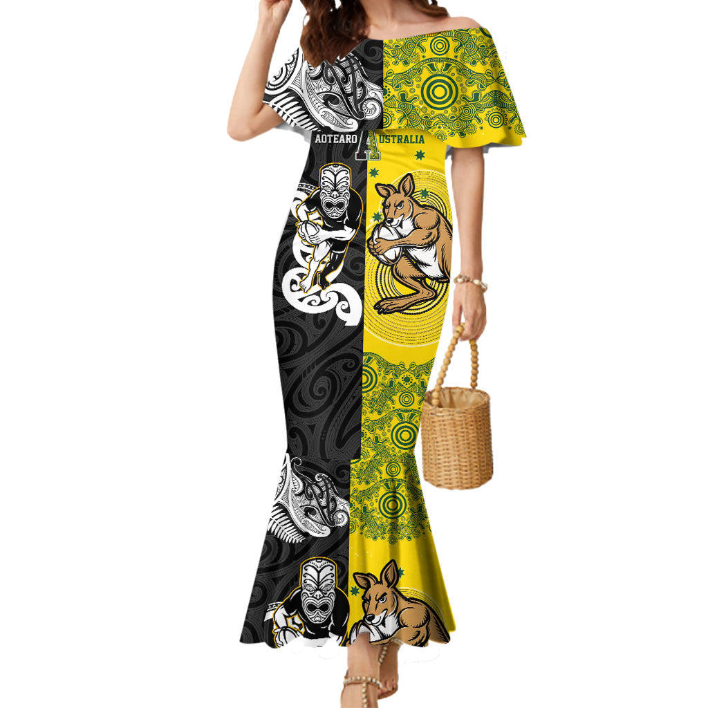 Aotearoa New Zealand and Australia Rugby Personalized Mermaid Dress Maori Koru and Aboriginal Dot Art Cultural Heritage