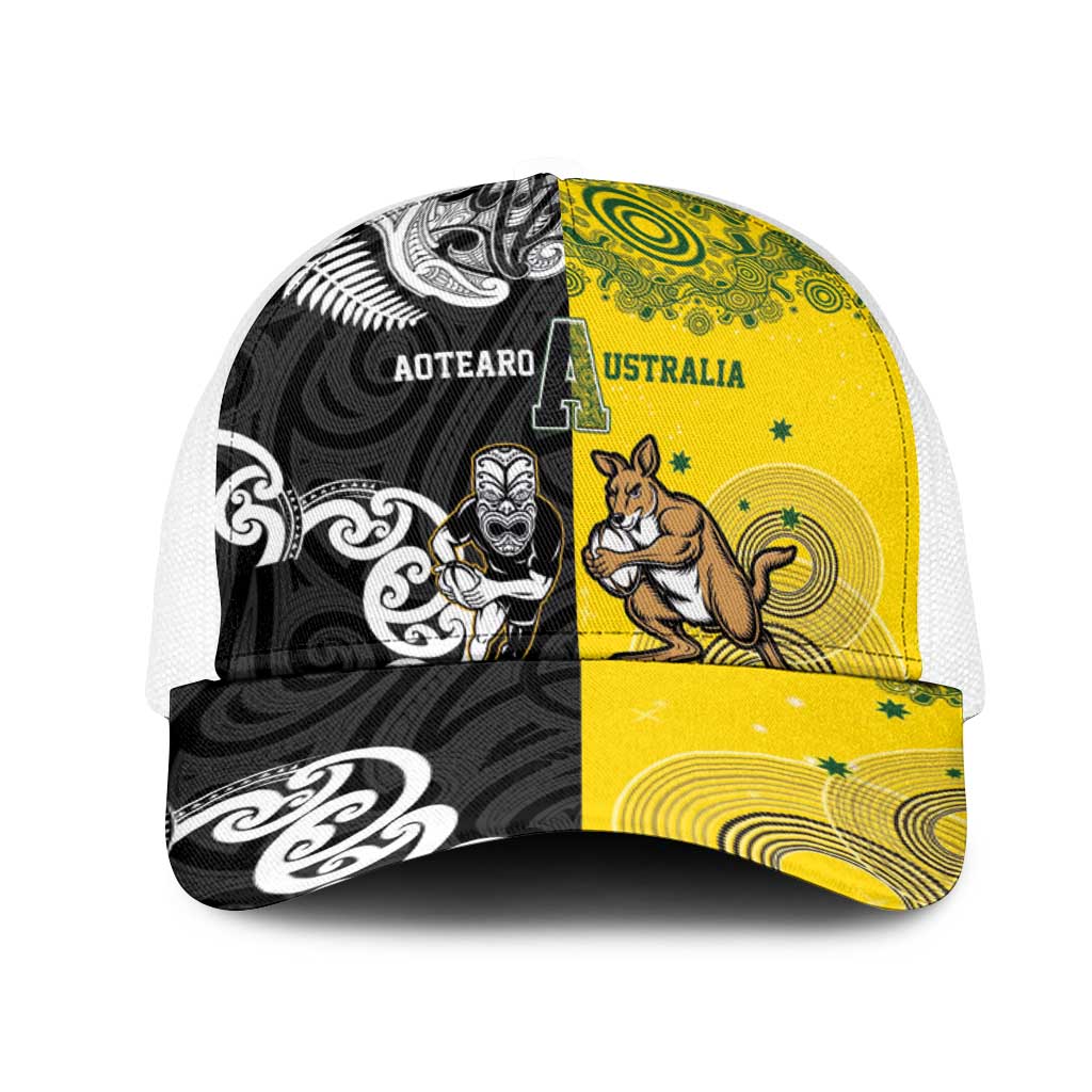Aotearoa New Zealand and Australia Rugby Mesh Trucker Cap Maori Koru and Aboriginal Dot Art Cultural Heritage LT03 One Size White Multicolor - Polynesian Pride