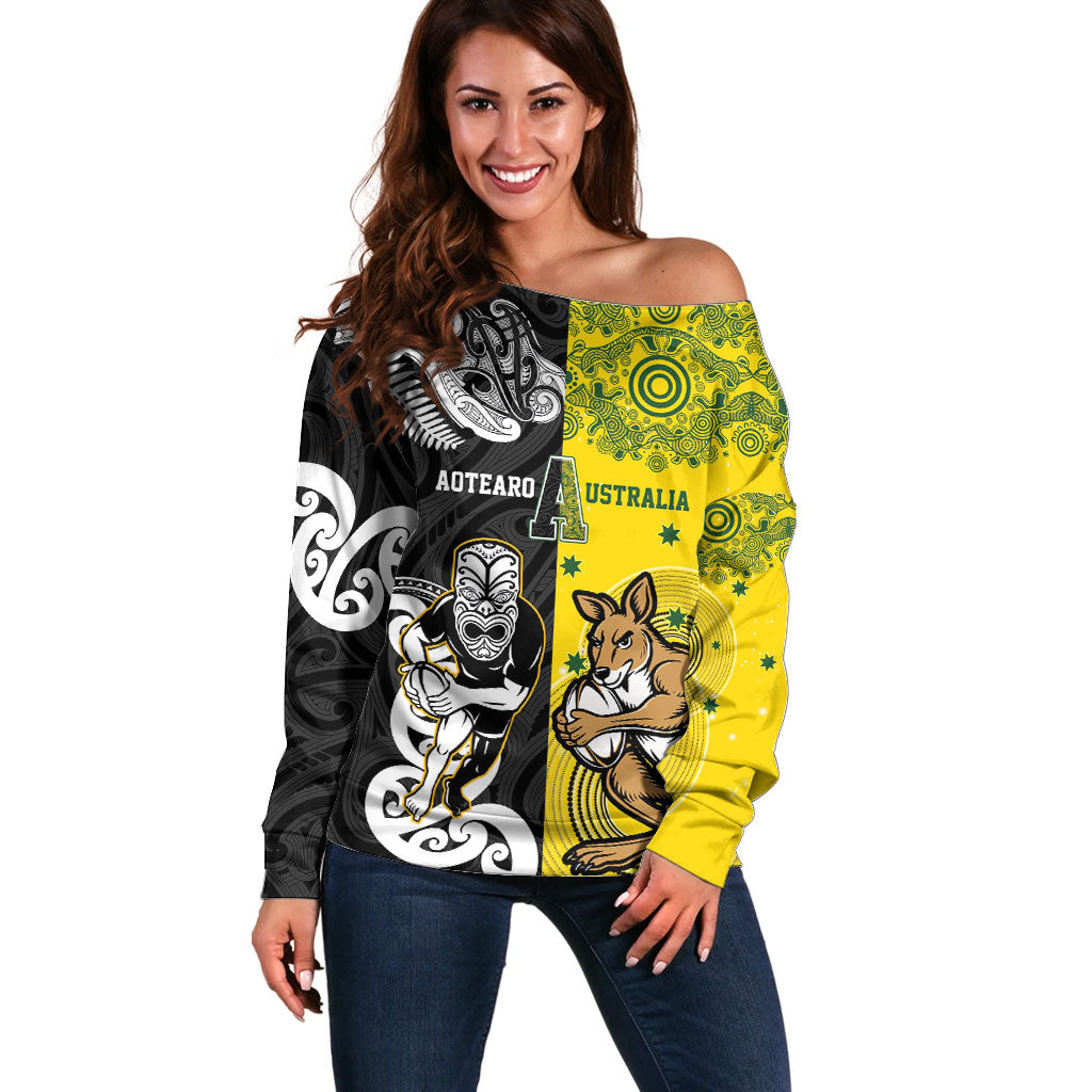Aotearoa New Zealand and Australia Rugby Personalized Off Shoulder Sweater Maori Koru and Aboriginal Dot Art Cultural Heritage LT03 Women Multicolor - Polynesian Pride