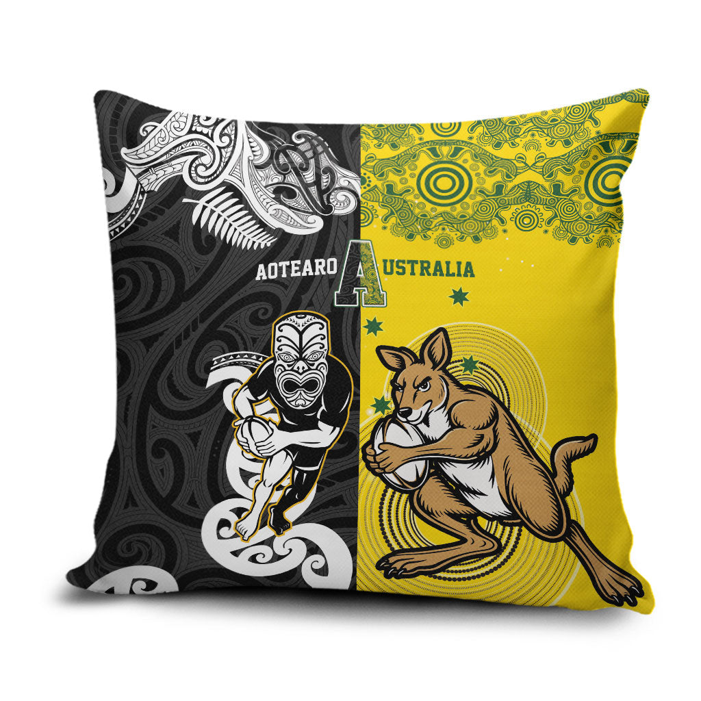 Aotearoa New Zealand and Australia Rugby Pillow Cover Maori Koru and Aboriginal Dot Art Cultural Heritage