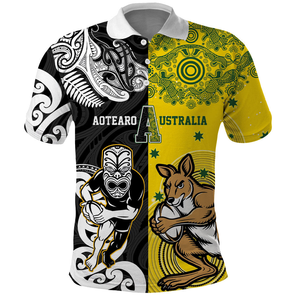 Aotearoa New Zealand and Australia Rugby Personalized Polo Shirt Maori Koru and Aboriginal Dot Art Cultural Heritage