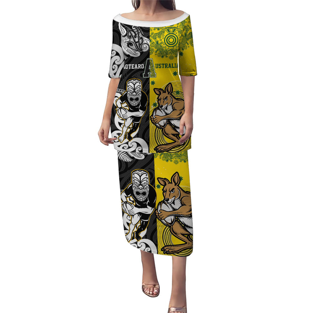 Aotearoa New Zealand and Australia Rugby Personalized Puletasi Maori Koru and Aboriginal Dot Art Cultural Heritage LT03 Long Dress Multicolor - Polynesian Pride