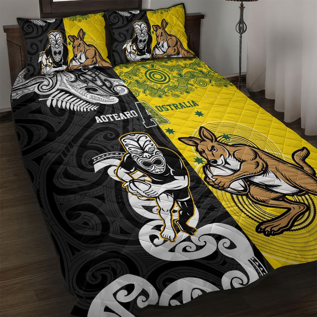 Aotearoa New Zealand and Australia Rugby Quilt Bed Set Maori Koru and Aboriginal Dot Art Cultural Heritage LT03 Multicolor - Polynesian Pride