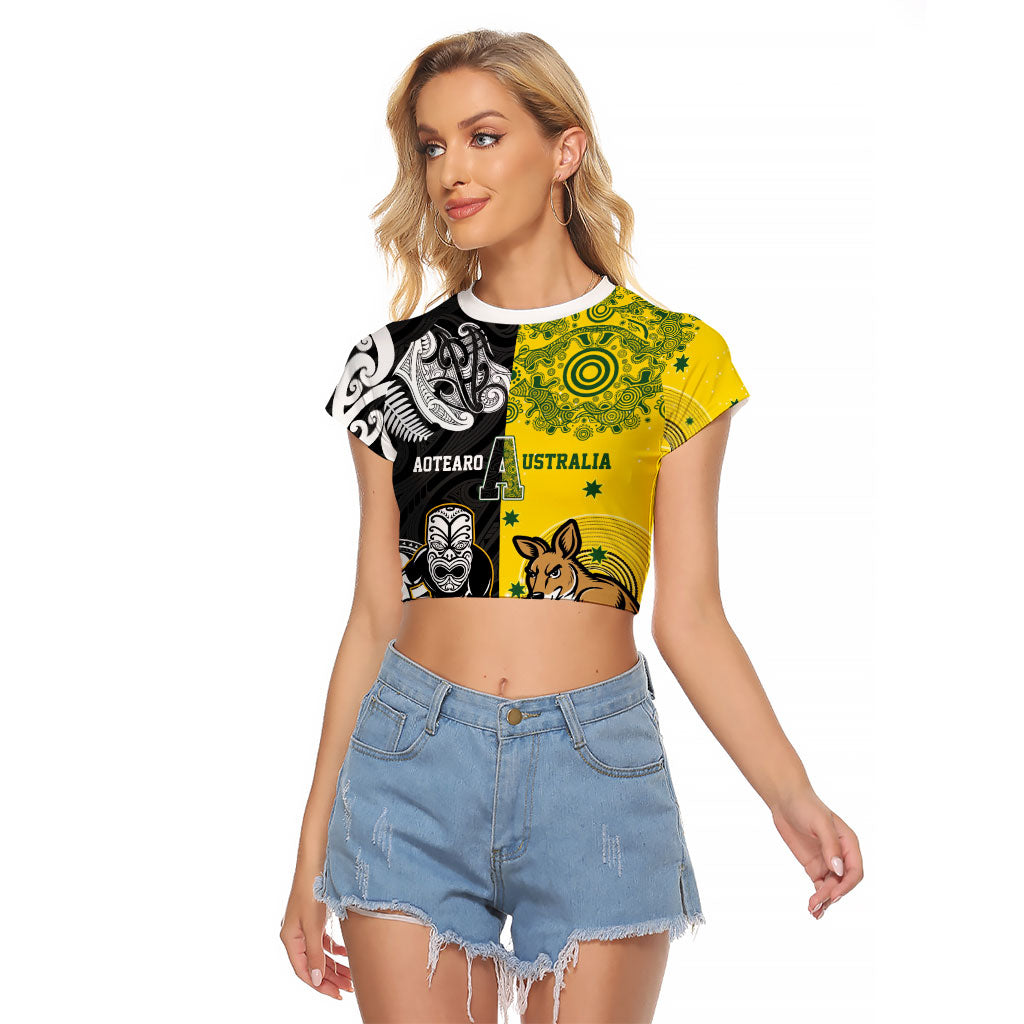 Aotearoa New Zealand and Australia Rugby Personalized Raglan Cropped T Shirt Maori Koru and Aboriginal Dot Art Cultural Heritage LT03 Female Multicolor - Polynesian Pride