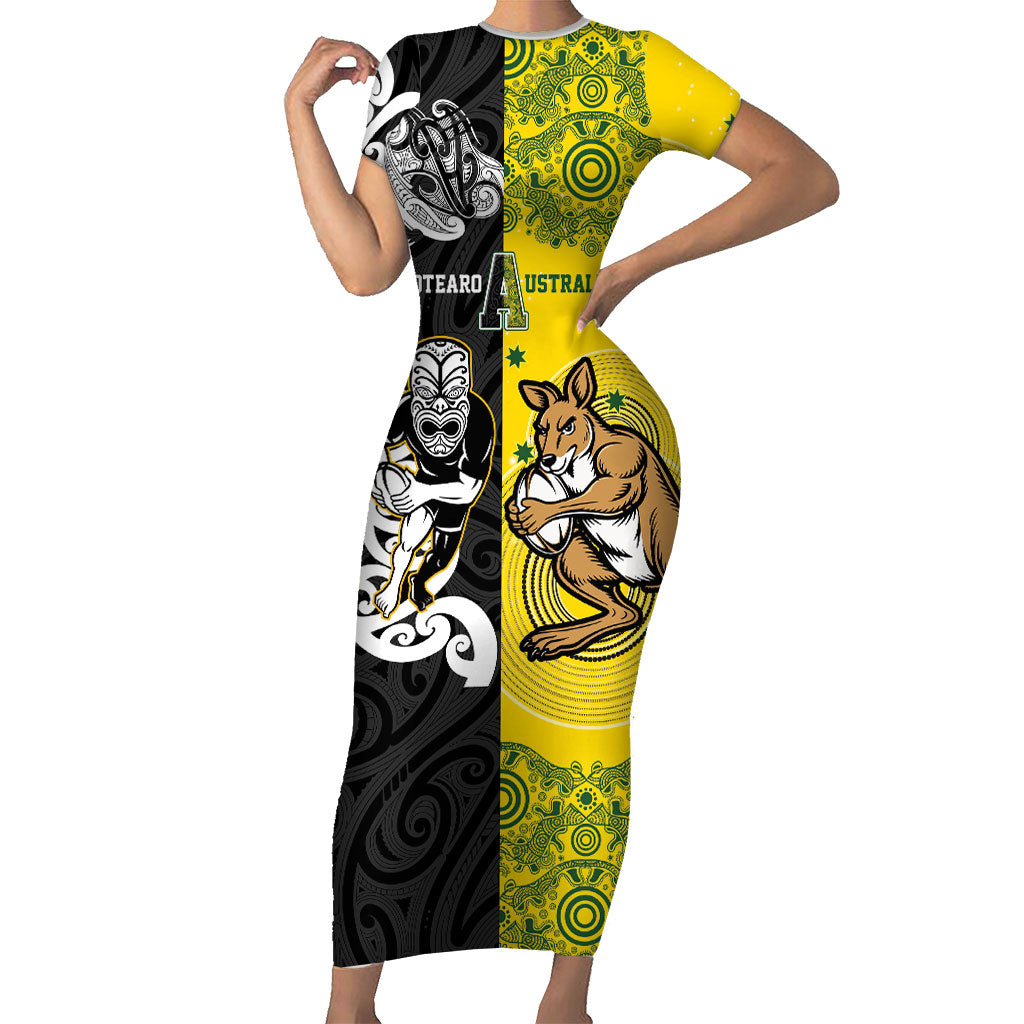 Aotearoa New Zealand and Australia Rugby Personalized Short Sleeve Bodycon Dress Maori Koru and Aboriginal Dot Art Cultural Heritage LT03 Long Dress Multicolor - Polynesian Pride