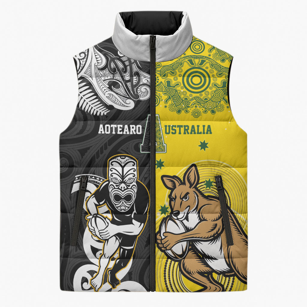 Aotearoa New Zealand and Australia Rugby Personalized Sleeveless Puffer Jacket Maori Koru and Aboriginal Dot Art Cultural Heritage LT03 Unisex Multicolor - Polynesian Pride