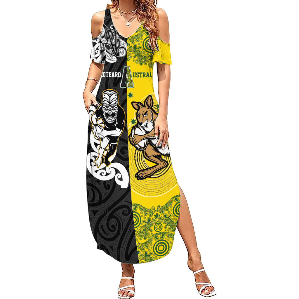 Aotearoa New Zealand and Australia Rugby Personalized Summer Maxi Dress Maori Koru and Aboriginal Dot Art Cultural Heritage LT03 Women Multicolor - Polynesian Pride