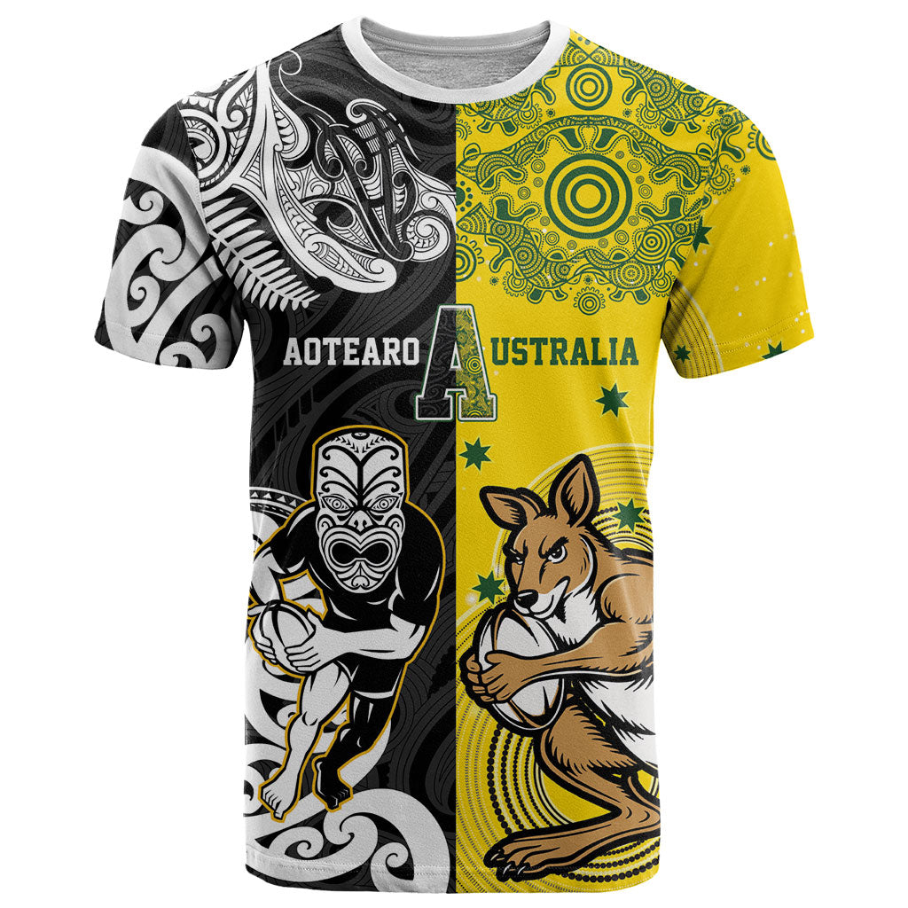 Aotearoa New Zealand and Australia Rugby Personalized T Shirt Maori Koru and Aboriginal Dot Art Cultural Heritage LT03 Multicolor - Polynesian Pride