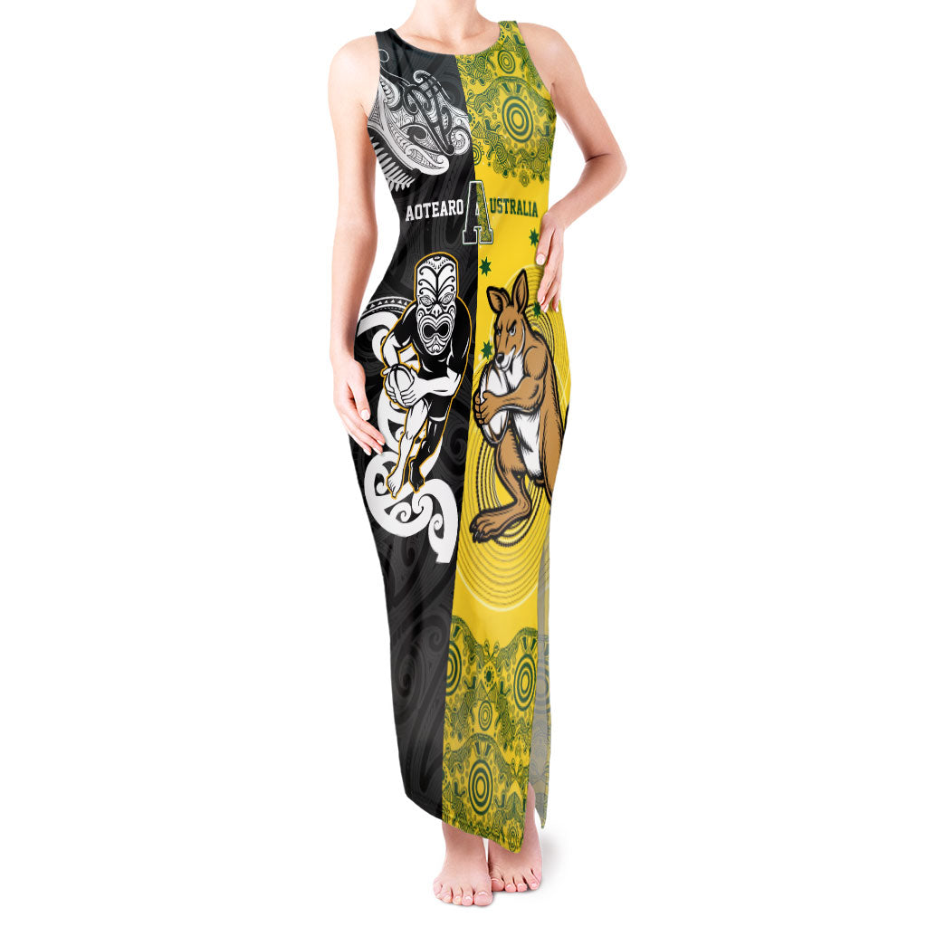 Aotearoa New Zealand and Australia Rugby Personalized Tank Maxi Dress Maori Koru and Aboriginal Dot Art Cultural Heritage LT03 Women Multicolor - Polynesian Pride