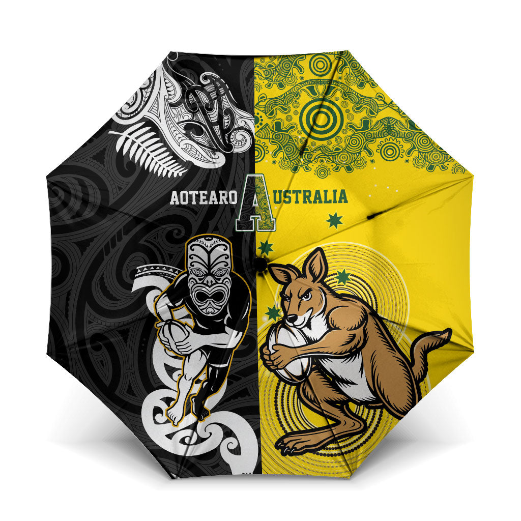Aotearoa New Zealand and Australia Rugby Umbrella Maori Koru and Aboriginal Dot Art Cultural Heritage LT03 One Size Folded 11.42 inch Opened Diameter 37.4 inch Multicolor - Polynesian Pride