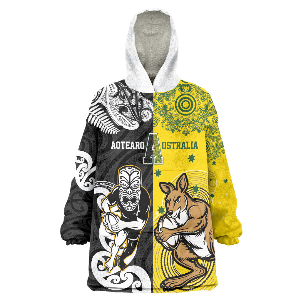 Aotearoa New Zealand and Australia Rugby Personalized Wearable Blanket Hoodie Maori Koru and Aboriginal Dot Art Cultural Heritage LT03 One Size Multicolor - Polynesian Pride