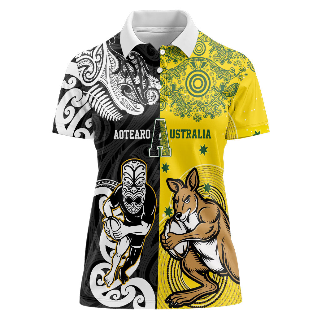 Aotearoa New Zealand and Australia Rugby Personalized Women Polo Shirt Maori Koru and Aboriginal Dot Art Cultural Heritage LT03 Female Multicolor - Polynesian Pride