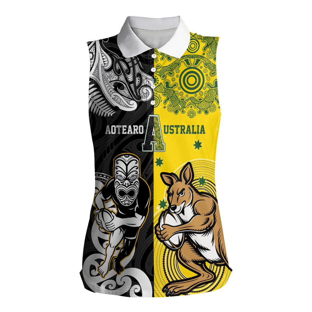Aotearoa New Zealand and Australia Rugby Personalized Women Sleeveless Polo Shirt Maori Koru and Aboriginal Dot Art Cultural Heritage LT03 Female Multicolor - Polynesian Pride