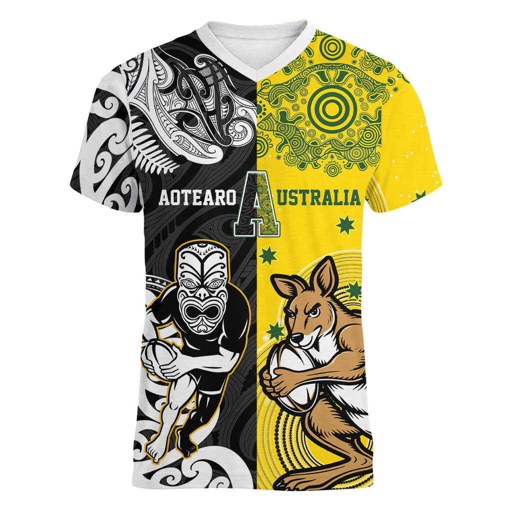 Aotearoa New Zealand and Australia Rugby Personalized Women V-Neck T-Shirt Maori Koru and Aboriginal Dot Art Cultural Heritage LT03 Female Multicolor - Polynesian Pride