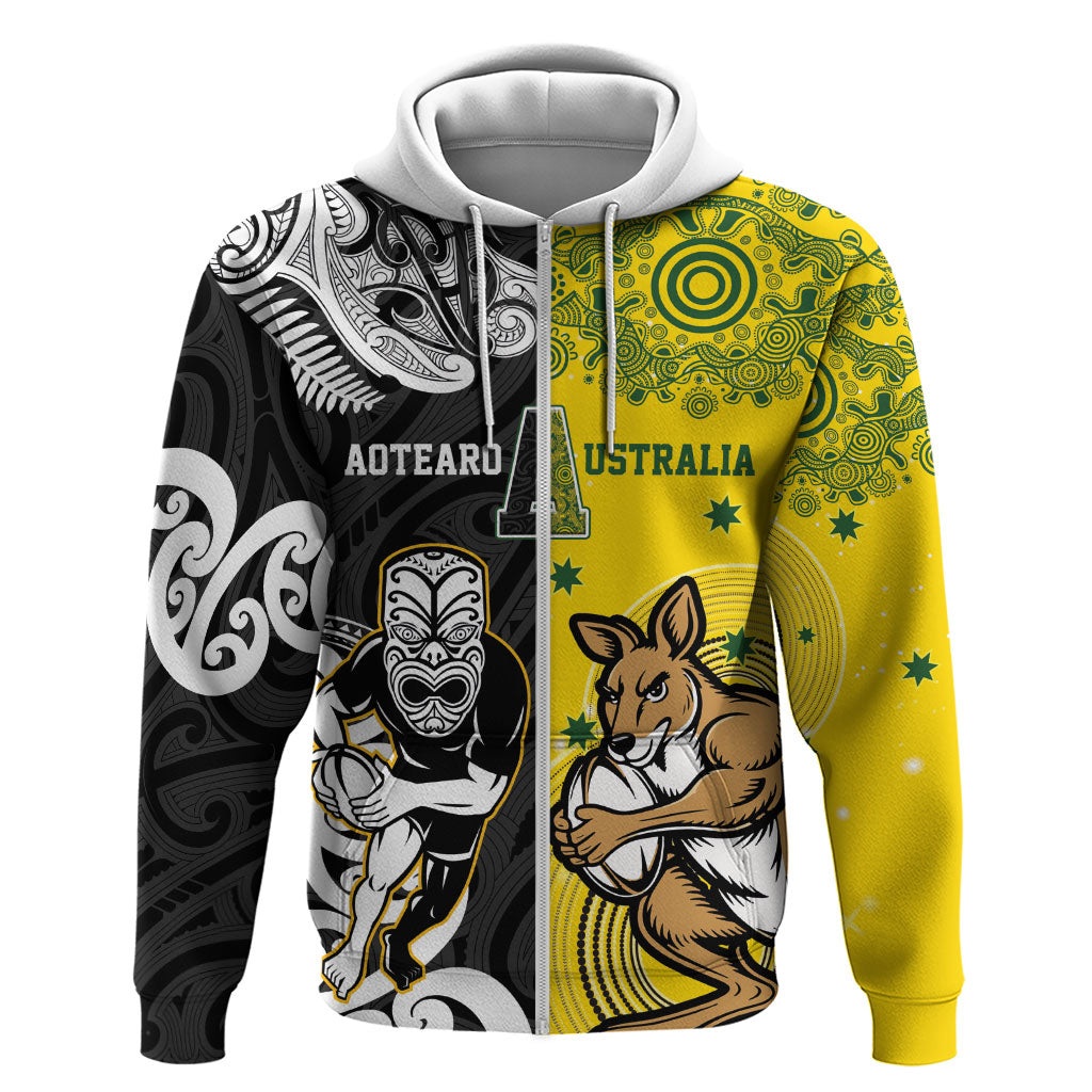 Aotearoa New Zealand and Australia Rugby Personalized Zip Hoodie Maori Koru and Aboriginal Dot Art Cultural Heritage LT03 Zip Hoodie Multicolor - Polynesian Pride