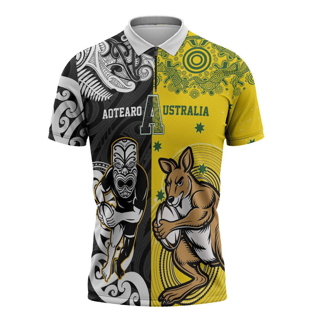 Aotearoa New Zealand and Australia Rugby Personalized Zipper Polo Shirt Maori Koru and Aboriginal Dot Art Cultural Heritage LT03 Multicolor - Polynesian Pride
