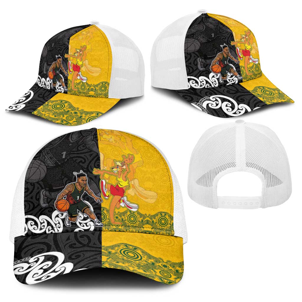 Aotearoa New Zealand And Australia Basketball Baseball Net Cap Maori Tribal Tattoo And Aboriginal Dot Art Heritage