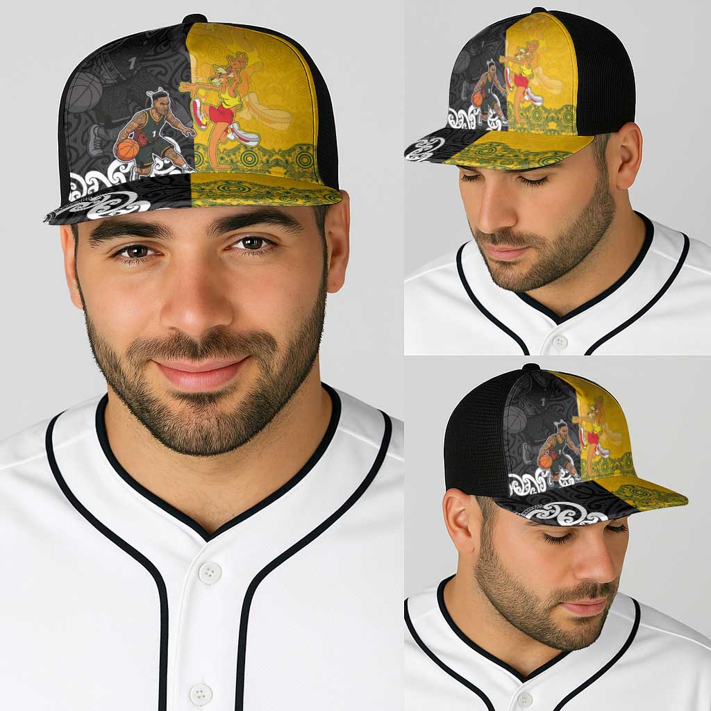 Aotearoa New Zealand And Australia Basketball Baseball Net Cap Maori Tribal Tattoo And Aboriginal Dot Art Heritage