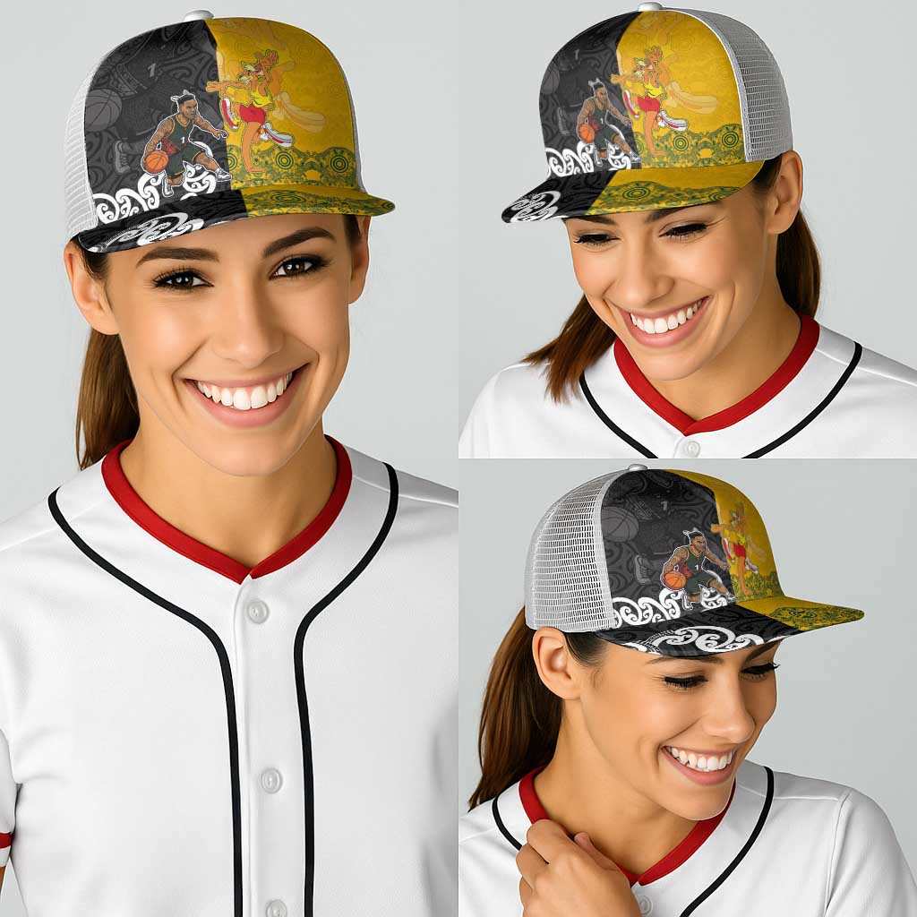 Aotearoa New Zealand And Australia Basketball Baseball Net Cap Maori Tribal Tattoo And Aboriginal Dot Art Heritage
