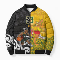 Aotearoa New Zealand And Australia Basketball Custom Bomber Puffer Jacket Maori Tribal Tattoo And Aboriginal Dot Art Heritage