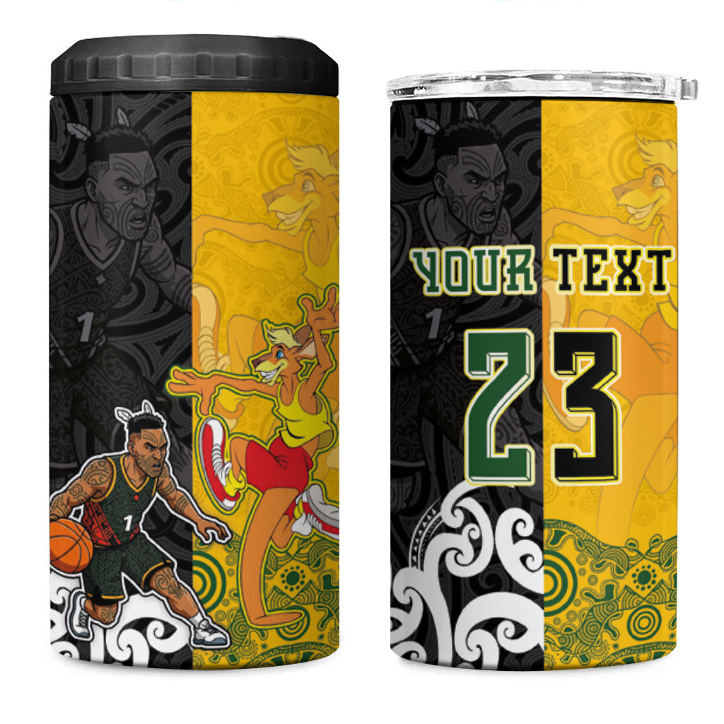 Aotearoa New Zealand And Australia Basketball Custom 4 in 1 Can Cooler Tumbler Maori Tribal Tattoo And Aboriginal Dot Art Heritage