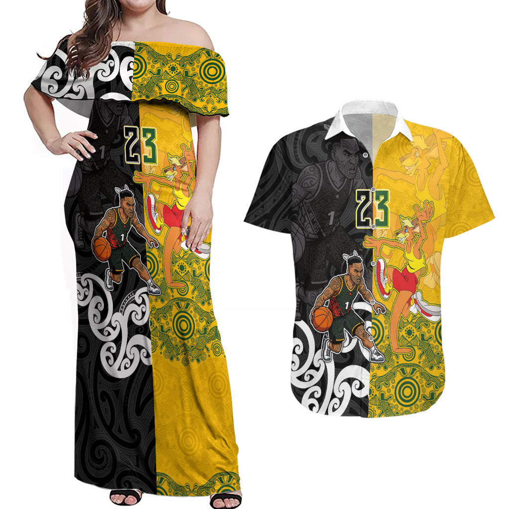 Aotearoa New Zealand And Australia Basketball Custom Couples Matching Off Shoulder Maxi Dress and Hawaiian Shirt Maori Tribal Tattoo And Aboriginal Dot Art Heritage