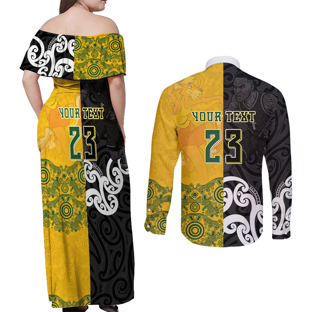 Aotearoa New Zealand And Australia Basketball Custom Couples Matching Off Shoulder Maxi Dress and Long Sleeve Button Shirt Maori Tribal Tattoo And Aboriginal Dot Art Heritage