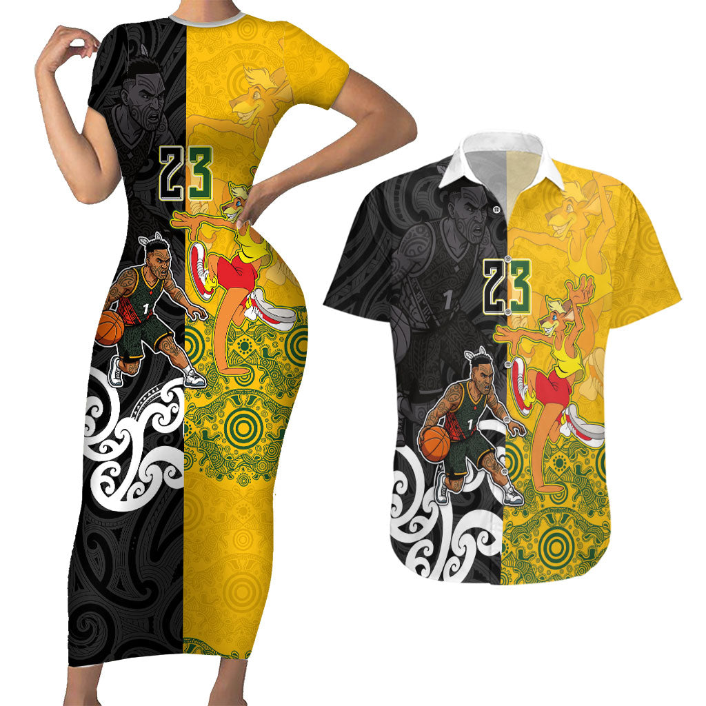 Aotearoa New Zealand And Australia Basketball Custom Couples Matching Short Sleeve Bodycon Dress and Hawaiian Shirt Maori Tribal Tattoo And Aboriginal Dot Art Heritage