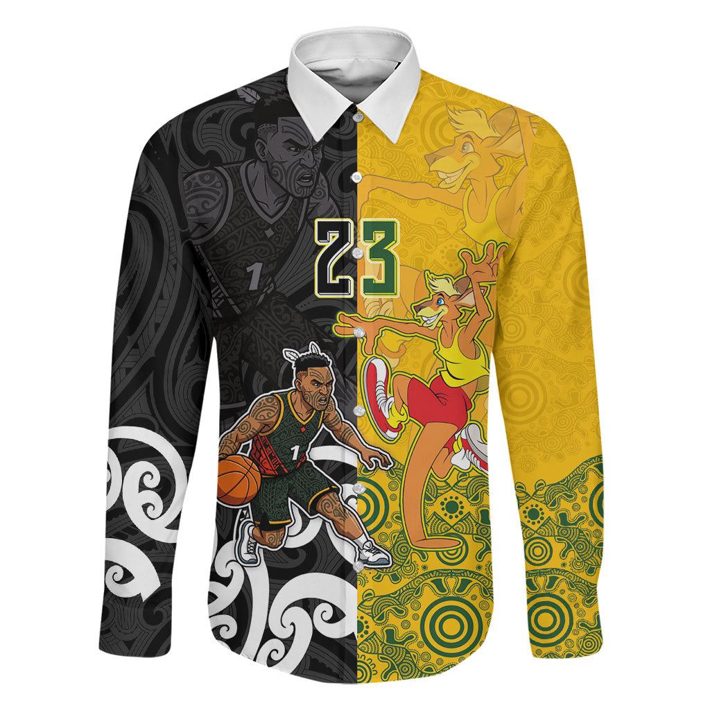 Aotearoa New Zealand And Australia Basketball Custom Family Matching Off The Shoulder Long Sleeve Dress and Hawaiian Shirt Maori Tribal Tattoo And Aboriginal Dot Art Heritage