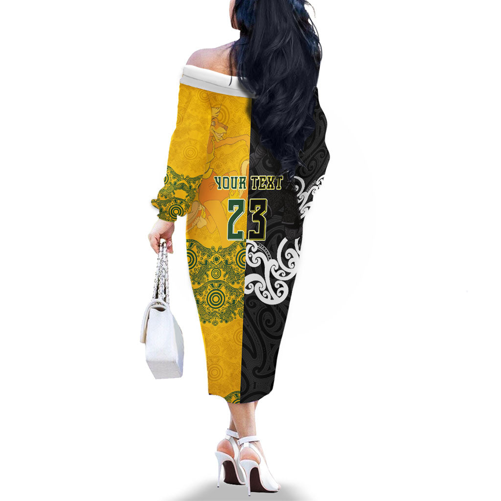 Aotearoa New Zealand And Australia Basketball Custom Family Matching Off The Shoulder Long Sleeve Dress and Hawaiian Shirt Maori Tribal Tattoo And Aboriginal Dot Art Heritage