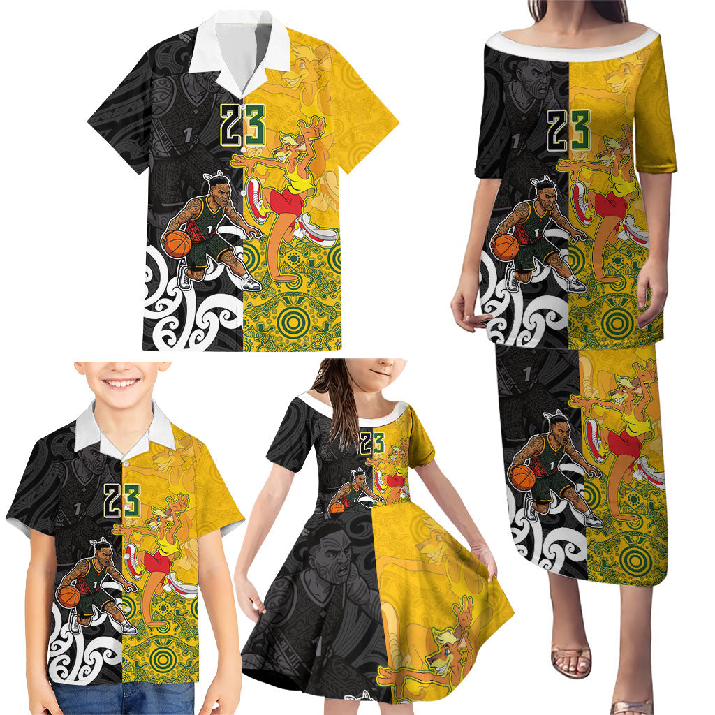 Aotearoa New Zealand And Australia Basketball Custom Family Matching Puletasi and Hawaiian Shirt Maori Tribal Tattoo And Aboriginal Dot Art Heritage