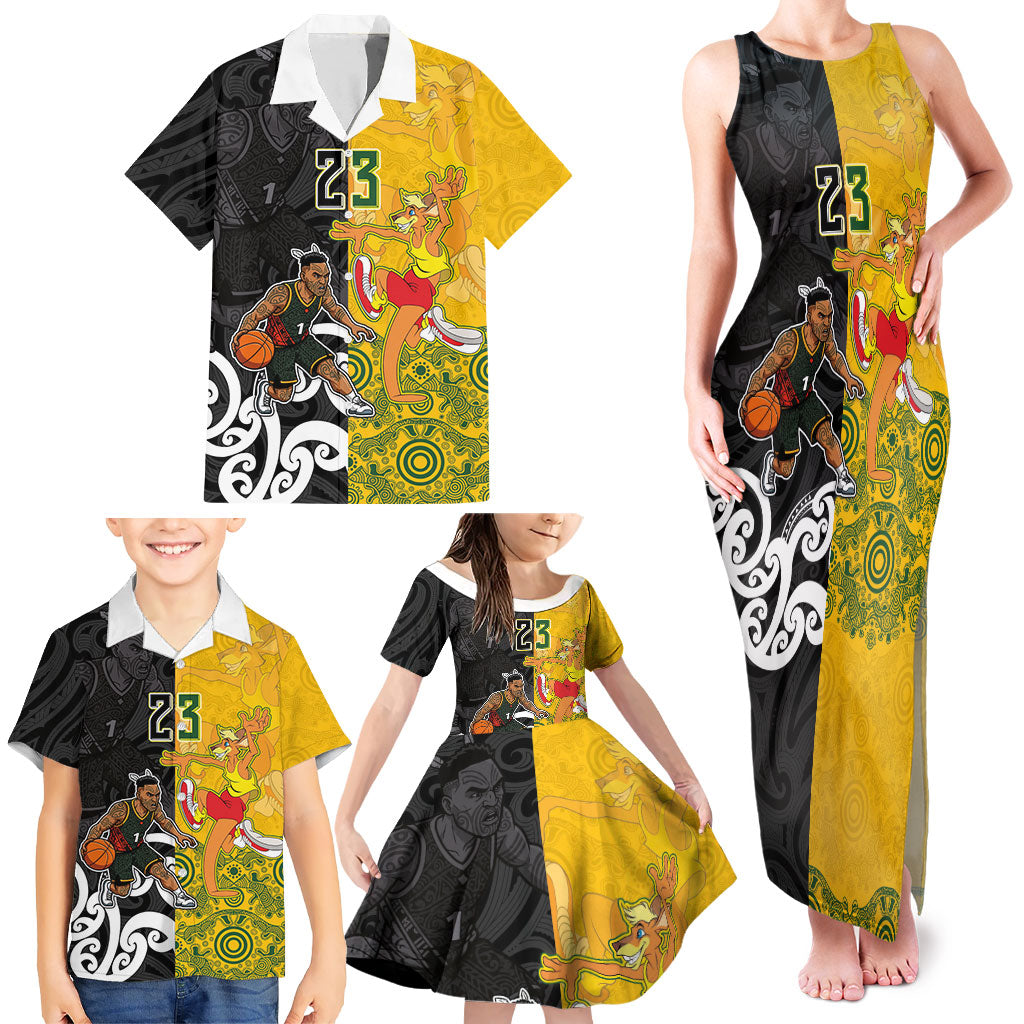 Aotearoa New Zealand And Australia Basketball Custom Family Matching Tank Maxi Dress and Hawaiian Shirt Maori Tribal Tattoo And Aboriginal Dot Art Heritage