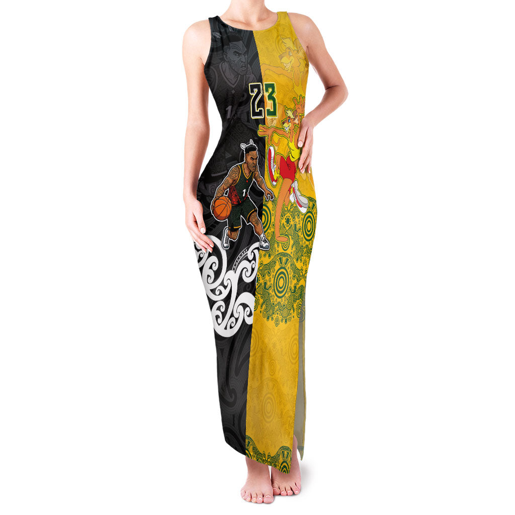 Aotearoa New Zealand And Australia Basketball Custom Family Matching Tank Maxi Dress and Hawaiian Shirt Maori Tribal Tattoo And Aboriginal Dot Art Heritage
