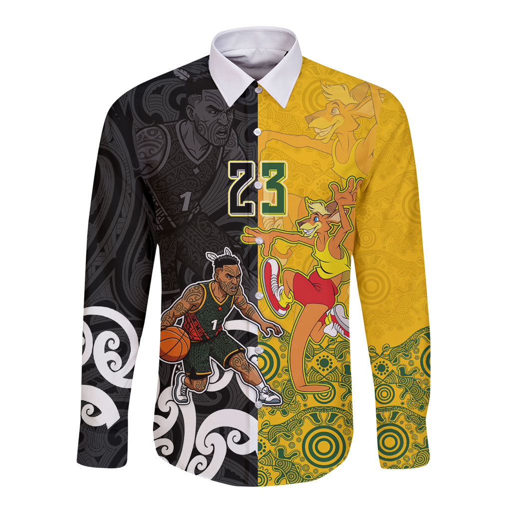 Aotearoa New Zealand And Australia Basketball Custom Long Sleeve Button Shirt Maori Tribal Tattoo And Aboriginal Dot Art Heritage
