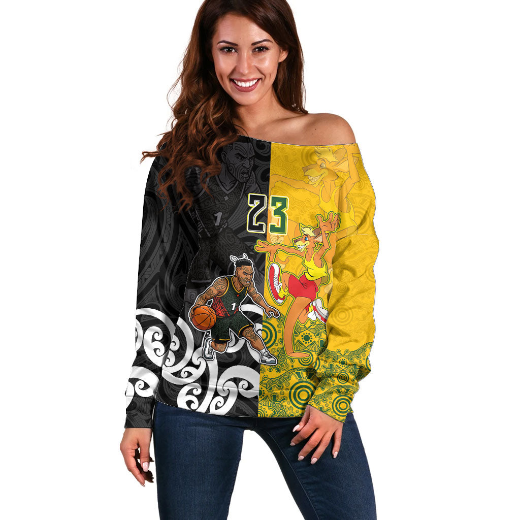 Aotearoa New Zealand And Australia Basketball Custom Off Shoulder Sweater Maori Tribal Tattoo And Aboriginal Dot Art Heritage