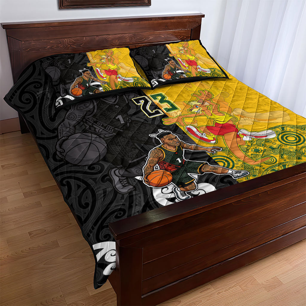 Aotearoa New Zealand And Australia Basketball Custom Quilt Bed Set Maori Tribal Tattoo And Aboriginal Dot Art Heritage