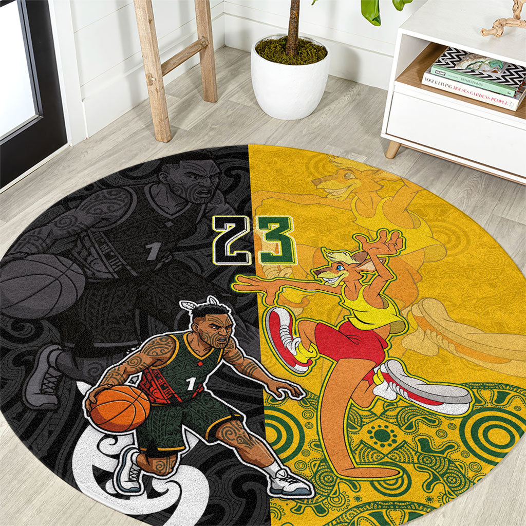 Aotearoa New Zealand And Australia Basketball Custom Round Carpet Maori Tribal Tattoo And Aboriginal Dot Art Heritage