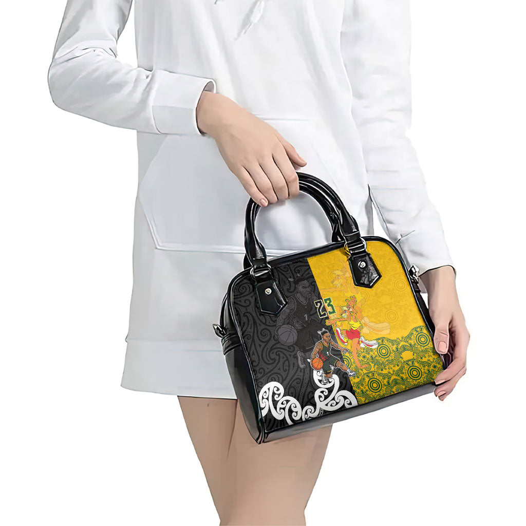 Aotearoa New Zealand And Australia Basketball Custom Shoulder Handbag Maori Tribal Tattoo And Aboriginal Dot Art Heritage