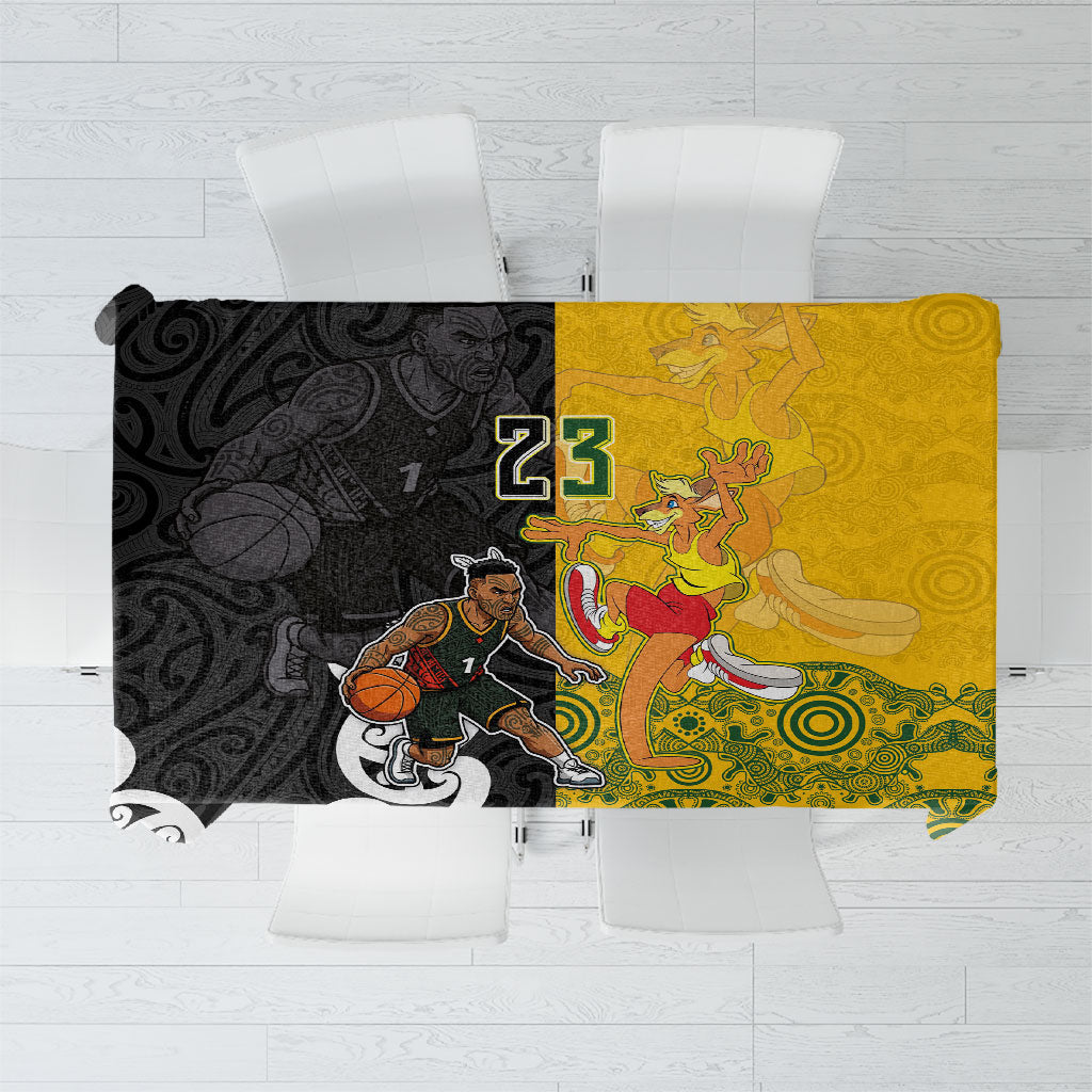 Aotearoa New Zealand And Australia Basketball Custom Tablecloth Maori Tribal Tattoo And Aboriginal Dot Art Heritage