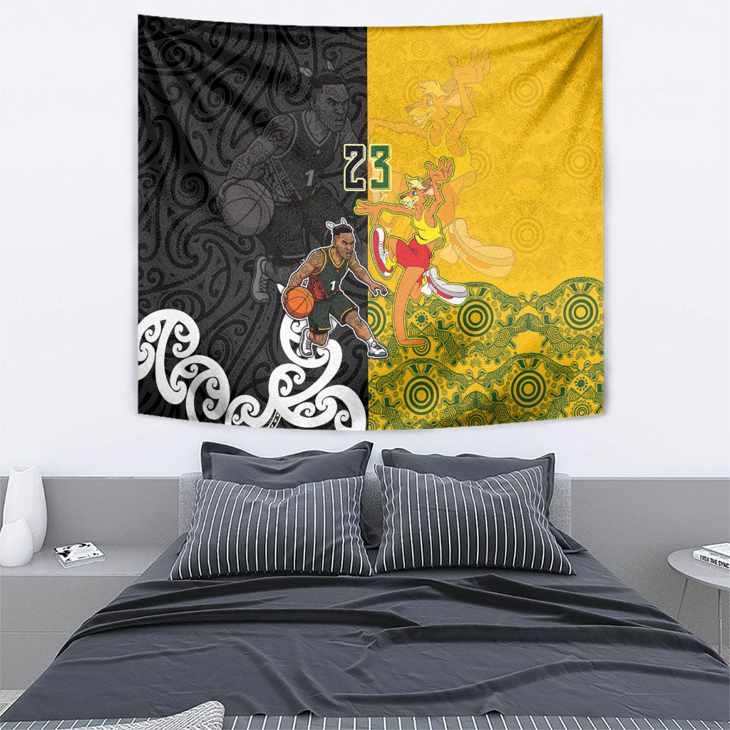 Aotearoa New Zealand And Australia Basketball Custom Tapestry Maori Tribal Tattoo And Aboriginal Dot Art Heritage